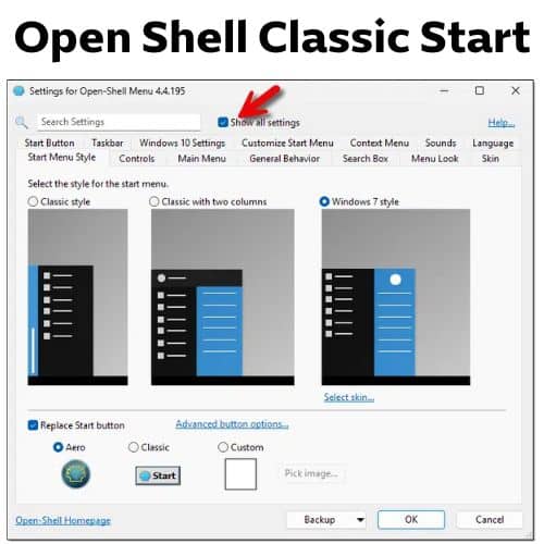 برنامج Open Shell Classic Start  لانشاء وتخصيص قائمة إبدأ للويندوز