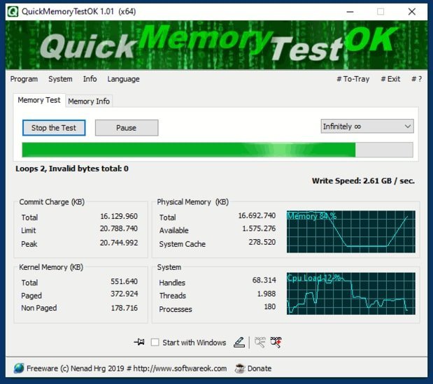 برنامج QuickMemoryTestOK  لاختبار الرام وتحسين أدائها