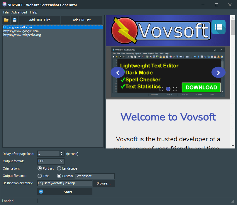 برنامج VovSoft Website Screenshot Generator  لالتقاط الصور لمواقع الويب