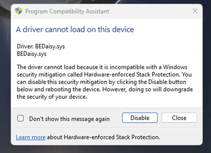 تفعيل خاصية Kernel mode Hardware enforced Stack Protection