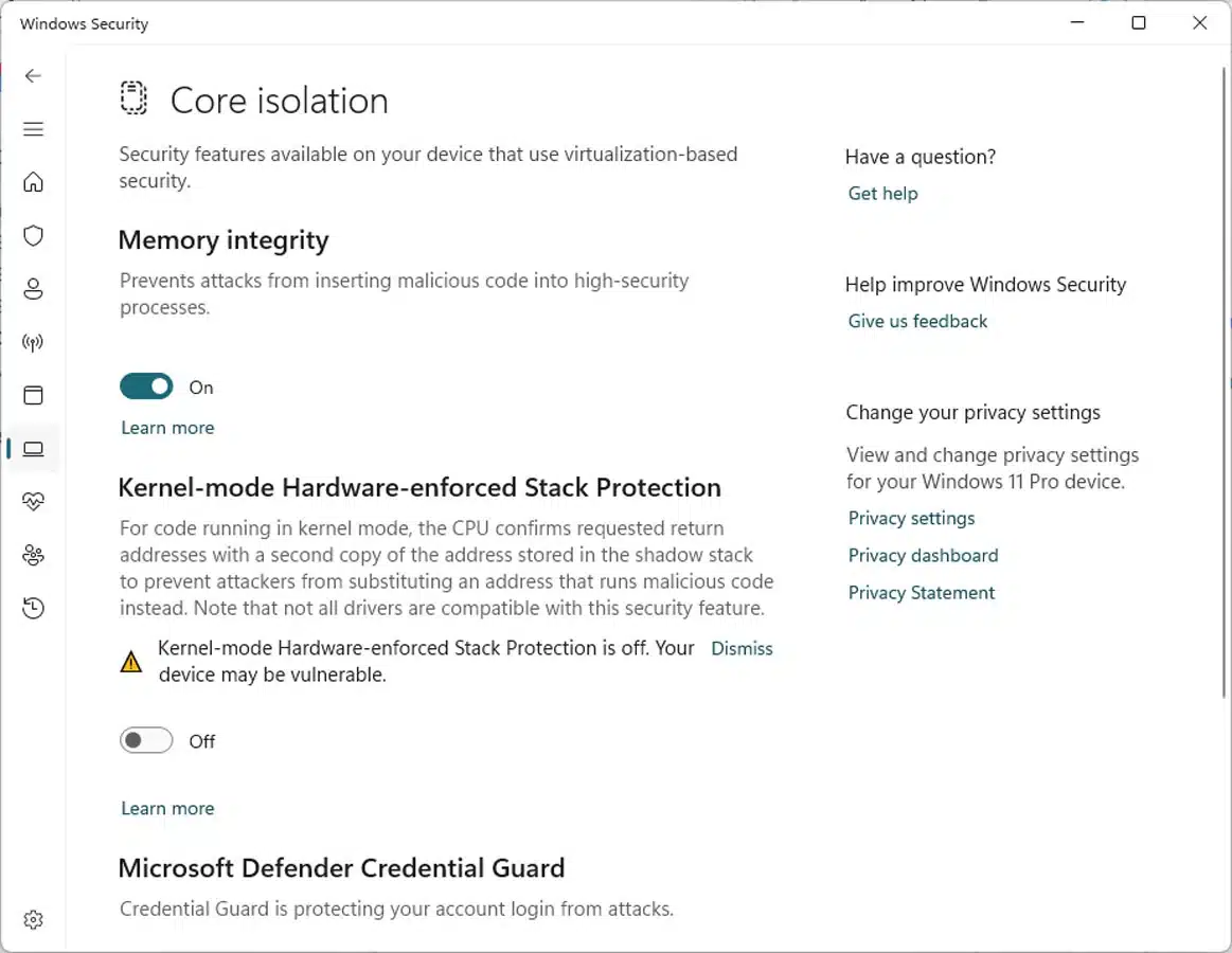 تفعيل خاصية Kernel mode Hardware enforced Stack Protection