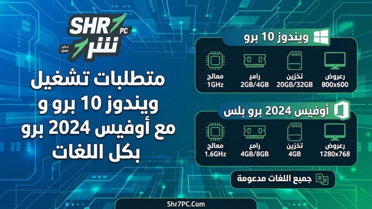 متطلبات تشغيل ويندوز 10 برو مع أوفيس 2024 برو بلس بكل اللغات