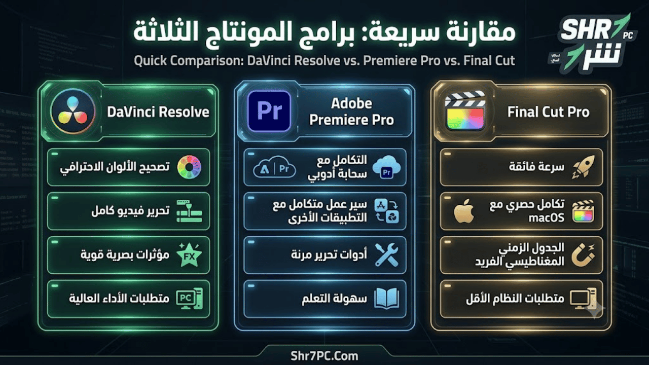 مقارنة سريعة: DaVinci Resolve vs Premiere Pro vs Final Cut